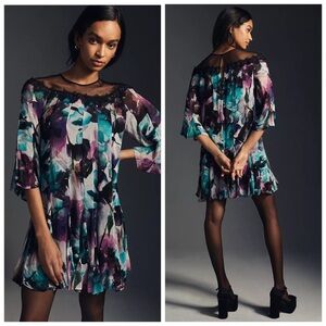 Anthropologie Watercolor Floral Flutter Sleeve Mini Dress SZ M